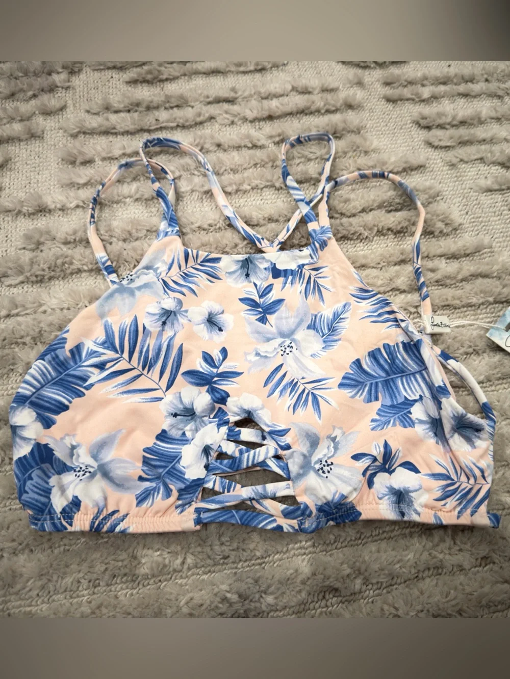 Frankie's Bikinis Peach and Blue Floral High Neck Bikini Top